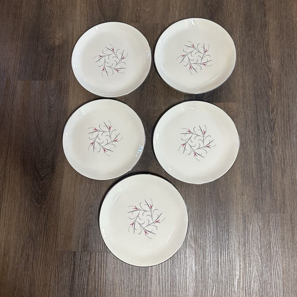 Vtg MCM 50s Salem China Serenade 10" Dinner Plates Pink Black Floral Set of 5